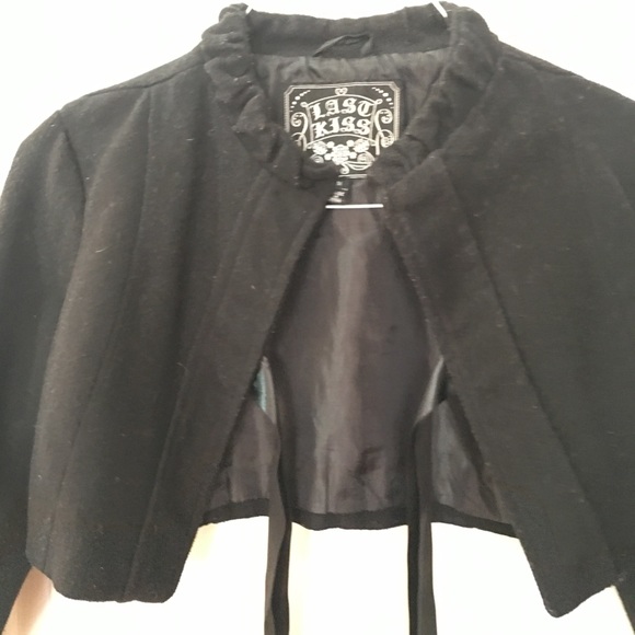 Last kiss wool bolero crop jacket coat blazer bow ribbon tie ruffle collar black - Picture 9 of 11